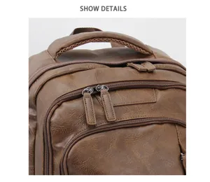 Vintage brown men's backpack detail view with sturdy zippers and comfortable handle.