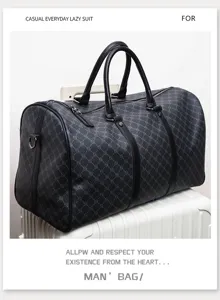 Men's large capacity travel duffel bag with stylish grid pattern and durable leather handles.