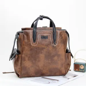 Sac à Dos d'Affaires en Cuir PU Vintage Pour Hommes Femmes Sac d'Ordinateur Portable Minimaliste Urbain Sac à Dos de Voyage Multifonctionnel