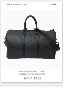 Detailed view of large capacity travel duffel bag with monogram pattern and black leather trim.