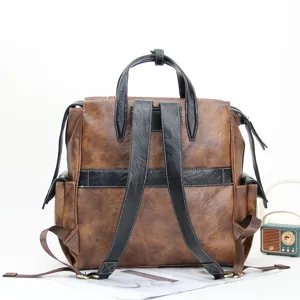 Sac à dos multifonctionnel vintage pour homme, cartable d'affaires en cuir PU marron.