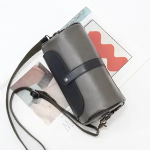 Men Casual PU Leather Crossbody Bag Fashion Color Blocking Barrel Shoulder Bag Streetwear Daily Messenger Bag