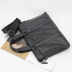 Men business briefcase black leather laptop bag with shoulder strap for work commuting