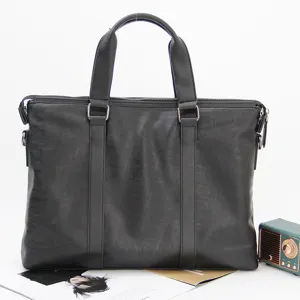 Men's black business leather briefcase laptop shoulder bag for commuter travel styles.