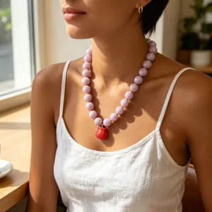 Collana con perle in acrilico per donna, elegante gioiello boho con perline dorate.