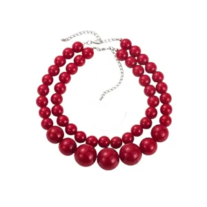 Collana girocollo a doppio strato con perle di resina rossa stile vintage bohemien