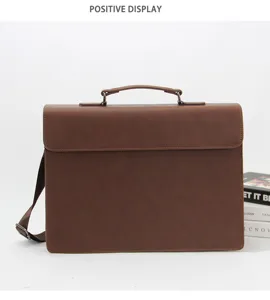 Detailed view of brown retro leather briefcase, casual messenger and shoulder bag for men.