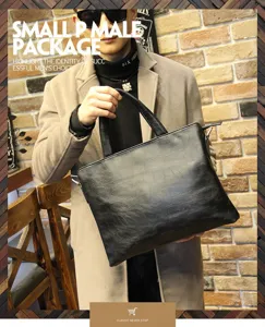 Vista dettagliata della borsa da lavoro e cartella da uomo in pelle nera elegante.