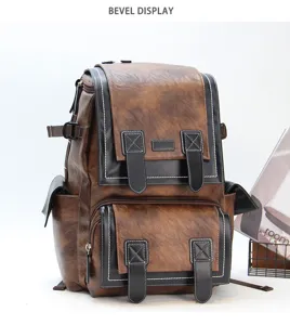 Close-up retro leather backpack detail featuring dual buckle straps and multi-pockets.