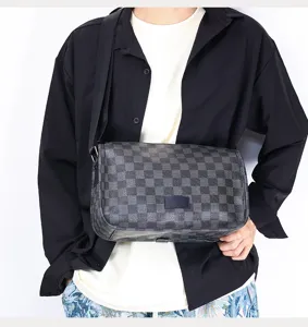 Stylish men shoulder bag, checkered cross-body messenger bag for daily commuting and travel.