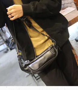 Men black leather chest bag casual crossbody waist bag stylish outdoor pouch daily wear