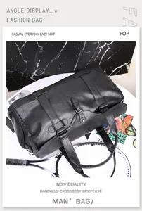 Men's large capacity travel duffel bag black leather casual handheld shoulder luggage bag
