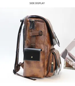 Side detail view of vintage waterproof men backpack, large capacity PU leather casual travel bag.