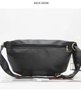 Men black PU leather chest bag casual fashion crossbody waist bag detailed rear view.
