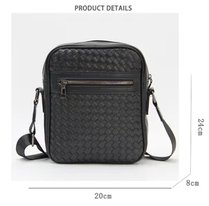 Men woven leather messenger bag stylish black crossbody shoulder bag with zipper pocket 24cm