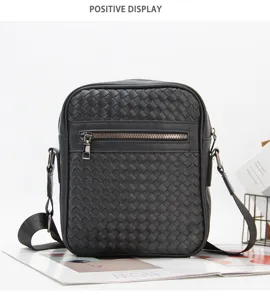 Men Woven Crossbody Bag Black Messenger Bag Casual Leather Shoulder Bag Vintage Detail