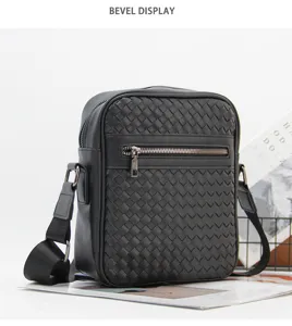 Men black woven leather crossbody bag vertical casual messenger shoulder bag stylish small bag