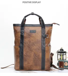 Retro vertical leather backpack tote bag detail view, multi-functional casual daypack.