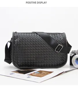 Men's black woven leather messenger bag, stylish casual crossbody shoulder bag for daily use.