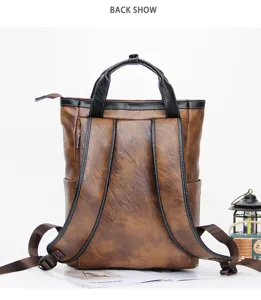 Detailed view showing the back side of the vintage brown leather backpack and tote bag.