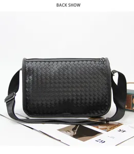 Men's black woven leather messenger bag, stylish casual single shoulder crossbody bag.