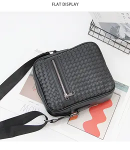 Black woven leather crossbody bag for men with front zipper pocket and adjustable strap.