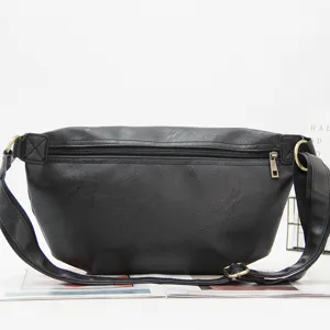 Stylish black leather chest bag for men, casual crossbody fanny pack for daily wear.