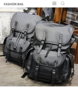Detailed view of large capacity men's backpack in classic pattern and solid black design.