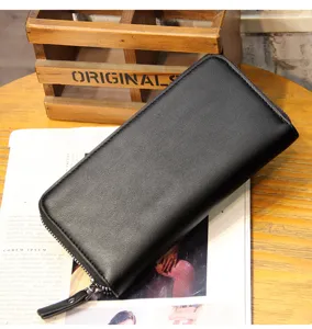 Men black long wallet detail view, premium leather zipper closure design for daily use.