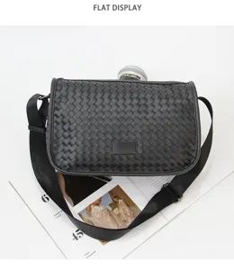 Men's black woven leather messenger bag stylish casual crossbody bag with wide strap