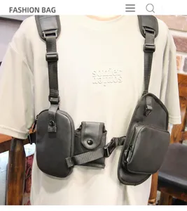 Tactical chest rig bag detail view featuring multiple pockets and adjustable straps.