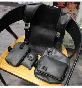 Tactical multi-pocket vest backpack, dark style wearable chest bag, durable leather material.