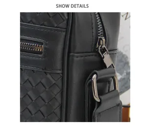 Men black woven shoulder bag detail view, fashion faux leather crossbody bag for men.