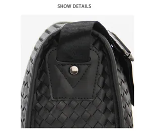 Men black woven leather messenger bag stylish casual shoulder crossbody bag detail view