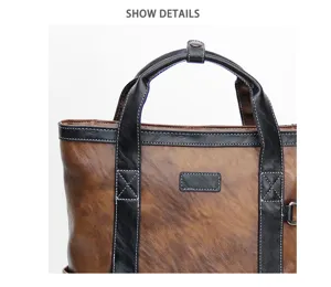 Retro casual tote bag detail view, multi-functional leather handbag with large capacity.