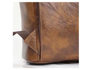 Retro brown PU leather backpack detail view, featuring durable stitching and daily fashion design.
