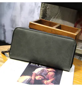 Men's long PU leather zipper wallet with multiple card slots and sleek dark grey design.
