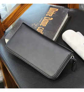 Men black long leather zipper wallet simple business card holder clutch purse for men