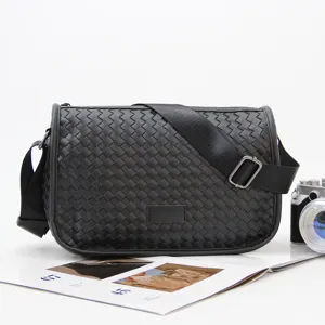 Mens PU Leather Woven Crossbody Bag Casual Daily Lightweight Small Square Shoulder Bag For Commuting Street Trend