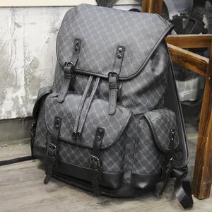 Men large capacity fashion backpack, retro monogram design, casual student school bag for daily use.