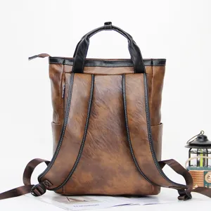 Vintage PU leather backpack and tote bag for casual daily use, multi-functional daypack.