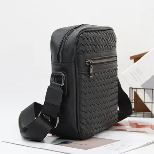 Men black woven shoulder bag vertical crossbody bag business messenger bag stylish casual