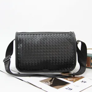 Men's black woven leather shoulder bag casual crossbody messenger bag stylish daily use