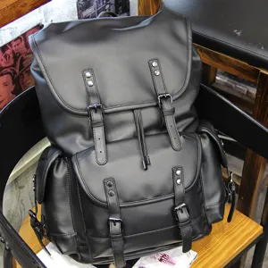 Men vintage black PU leather backpack large capacity casual outdoor travel school laptop bag