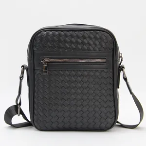 Men black woven leather crossbody bag vertical messenger bag stylish casual shoulder bag
