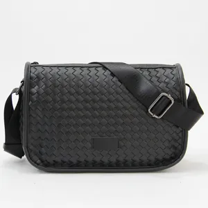 Men's black woven messenger bag, stylish casual shoulder bag with adjustable strap for daily use.