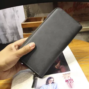 Men's fashion long wallet zipper clutch card holder multi-slot casual phone bag dark grey.