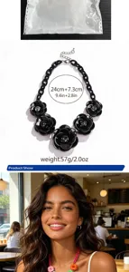 Chic black acrylic rose flower statement necklace chunky chain fashion jewelry for women