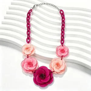 Acrylic Rose Flower Necklace Bohemian Dopamine Color Resin Chunky Chain Necklace For Women Retro Camellia Floral Statement Sweater Necklace Jewelry