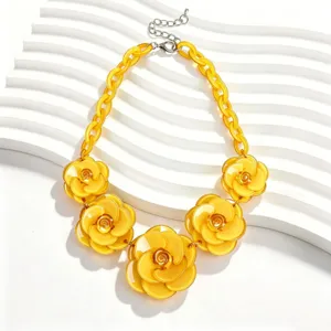 Yellow acrylic camellia flower statement necklace for women chunky chain floral jewelry
